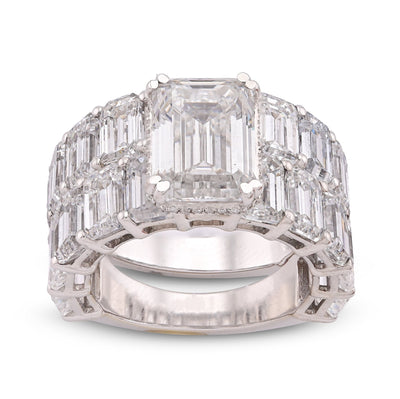 14K White Gold 16.95CT Emerald Solitaire Centre and Side Women Lab Diamond Ring with Band - Elite Jewelers-Rings