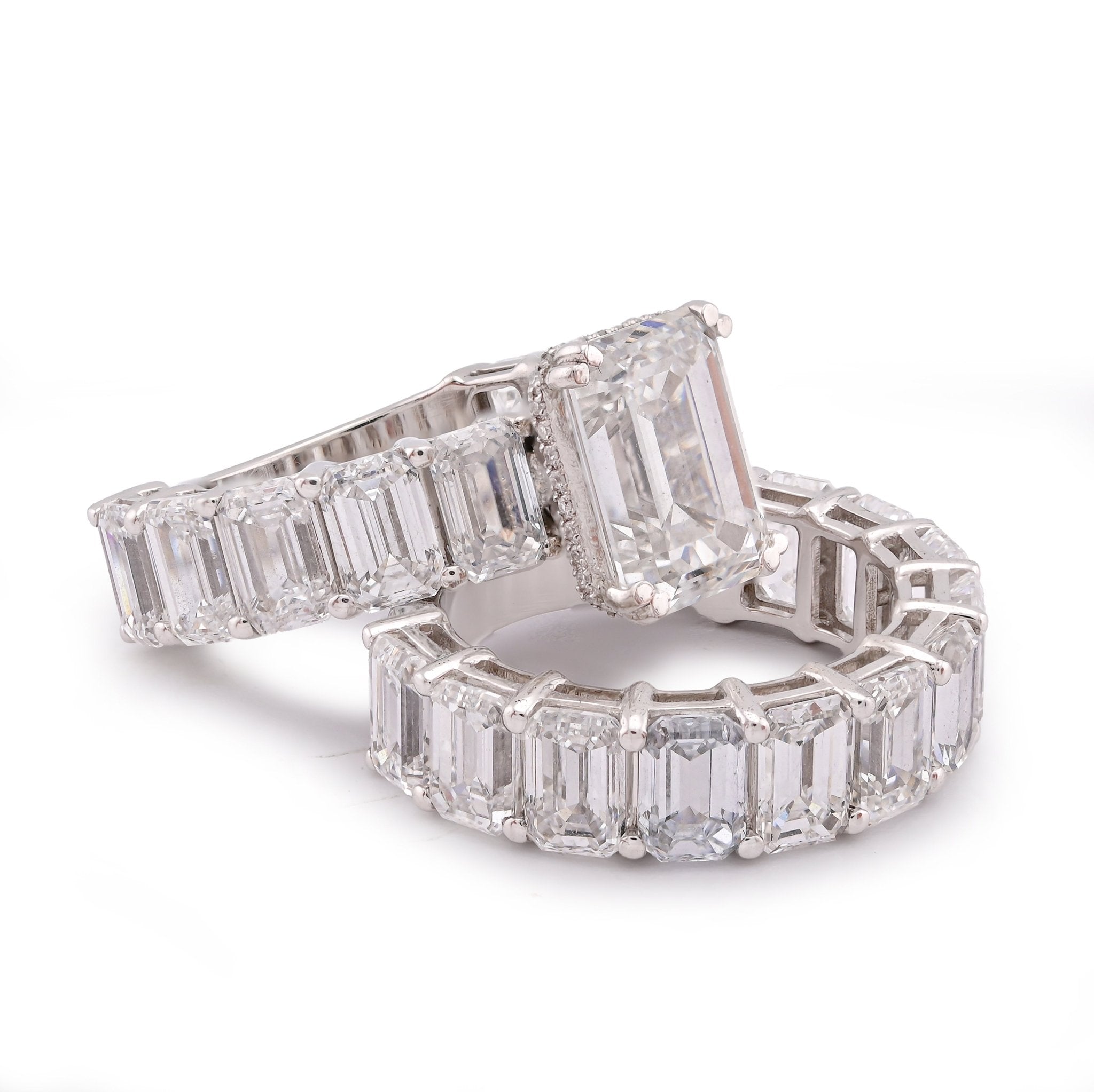 14K White Gold 16.95CT Emerald Solitaire Centre and Side Women Lab Diamond Ring with Band - Elite Jewelers-Rings