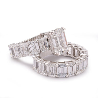 14K White Gold 16.95CT Emerald Solitaire Centre and Side Women Lab Diamond Ring with Band - Elite Jewelers-Rings