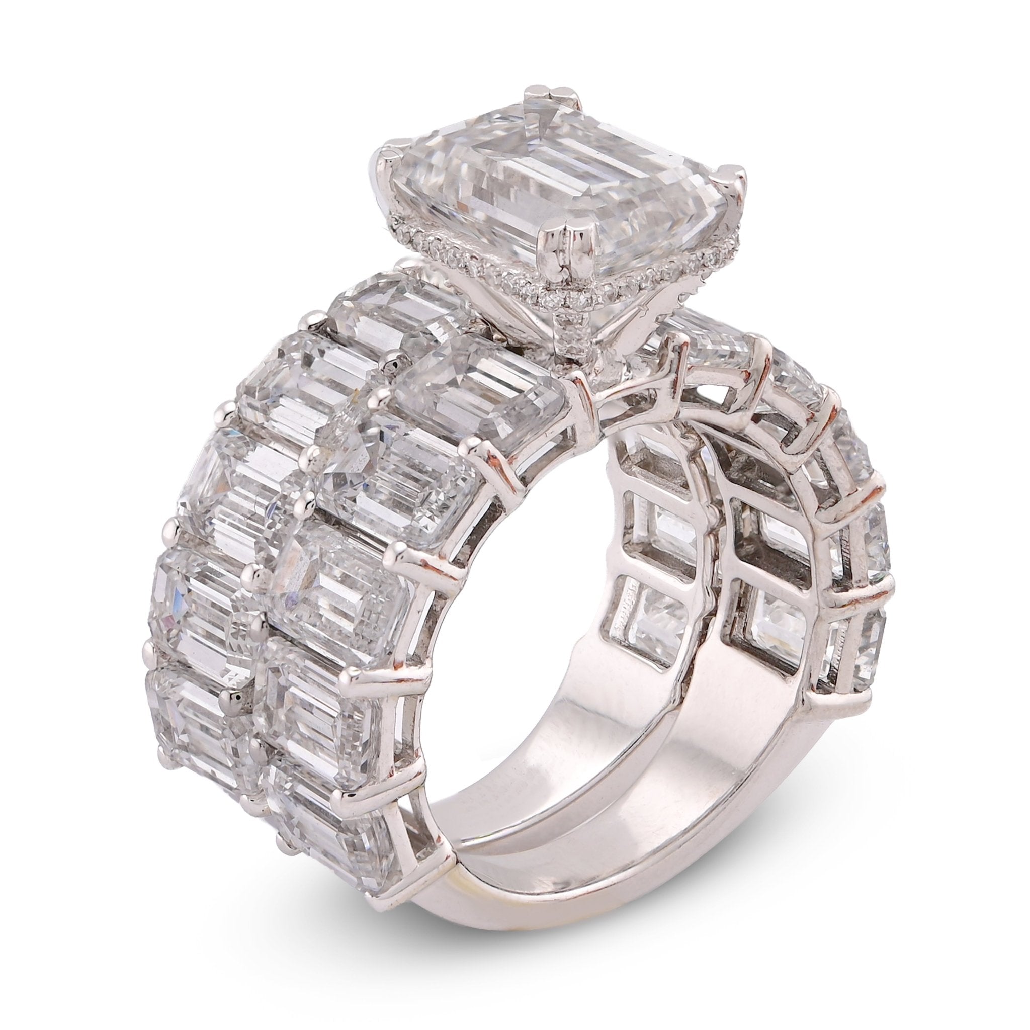 14K White Gold 16.95CT Emerald Solitaire Centre and Side Women Lab Diamond Ring with Band - Elite Jewelers-Rings