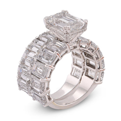 14K White Gold 16.95CT Emerald Solitaire Centre and Side Women Lab Diamond Ring with Band - Elite Jewelers-Rings