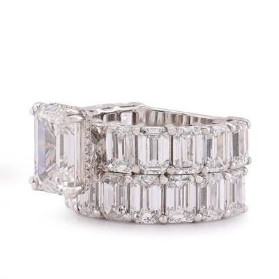 14K White Gold 16.95CT Emerald Solitaire Centre and Side Women Lab Diamond Ring with Band - Elite Jewelers-Rings