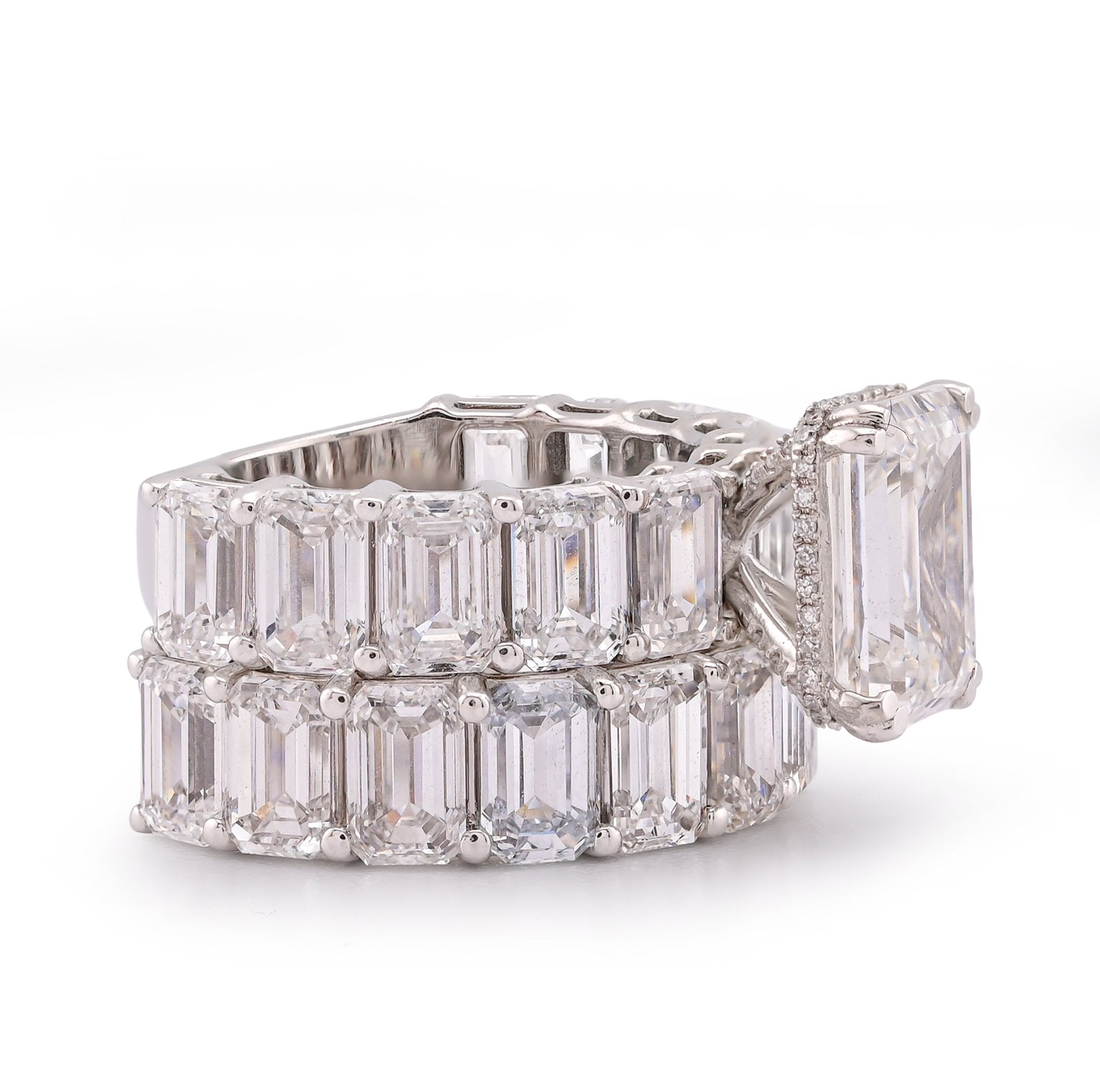 14K White Gold 16.95CT Emerald Solitaire Centre and Side Women Lab Diamond Ring with Band - Elite Jewelers-Rings