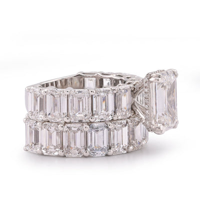 14K White Gold 16.95CT Emerald Solitaire Centre and Side Women Lab Diamond Ring with Band - Elite Jewelers-Rings