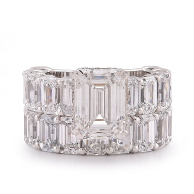 14K White Gold 16.95CT Emerald Solitaire Centre and Side Women Lab Diamond Ring with Band - Elite Jewelers-Rings