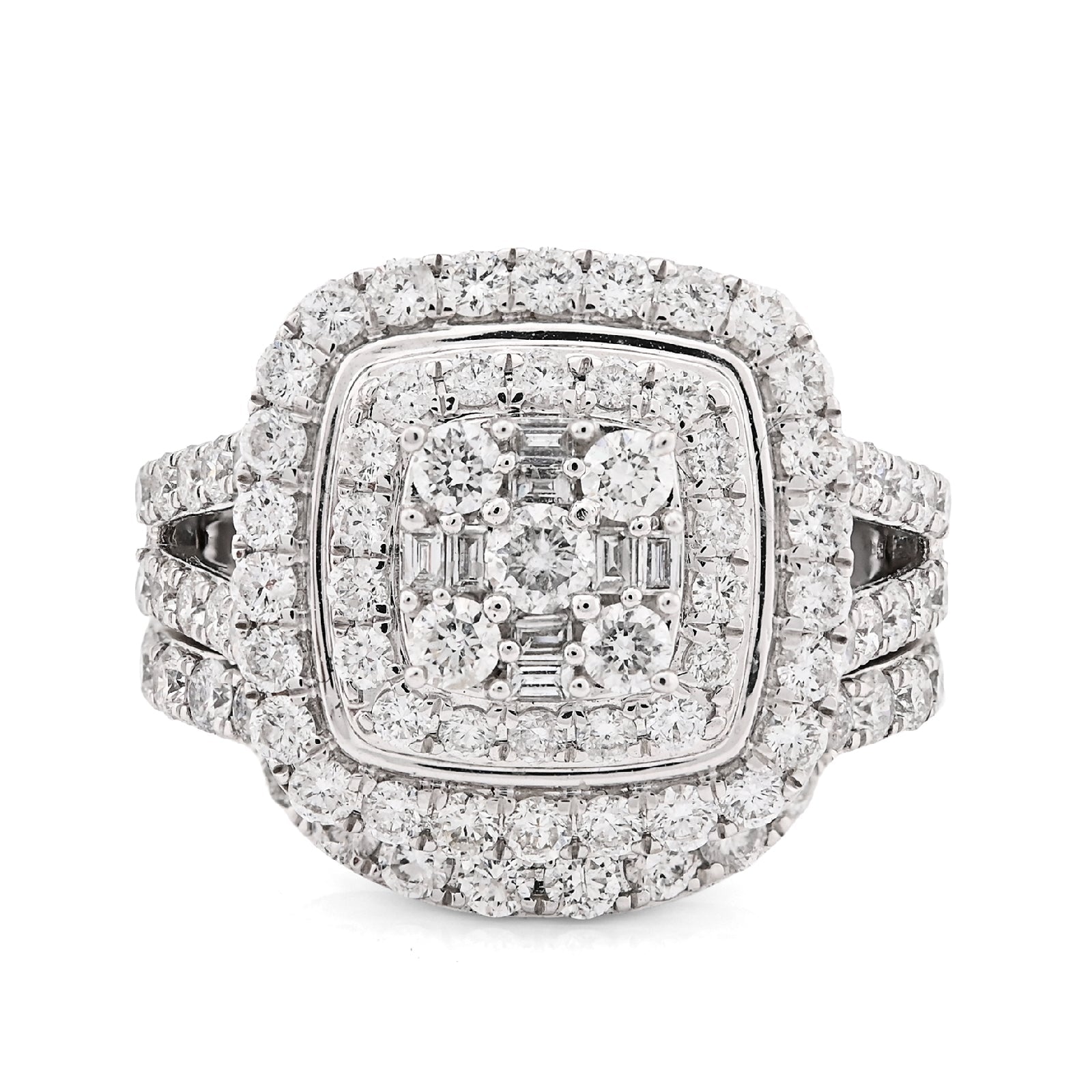 14K White Gold 1.98CT Natural Dimaond Round/Baguette Big Square Women Ring Wedding Band - Elite Jewelers - Rings