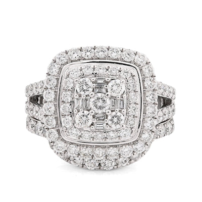 14K White Gold 1.98CT Natural Dimaond Round/Baguette Big Square Women Ring Wedding Band - Elite Jewelers - Rings