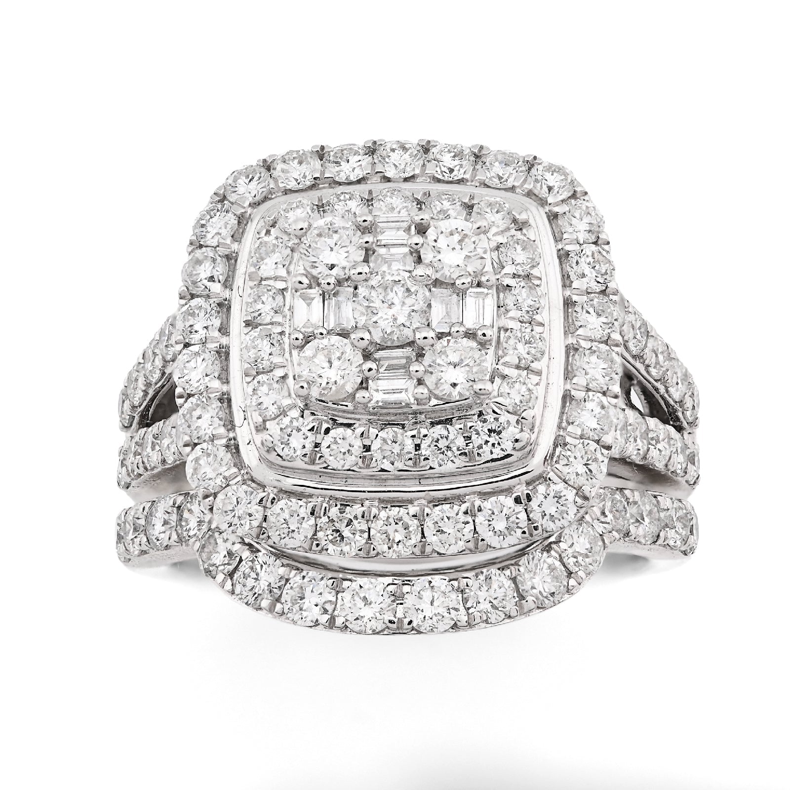 14K White Gold 1.98CT Natural Dimaond Round/Baguette Big Square Women Ring Wedding Band - Elite Jewelers - Rings