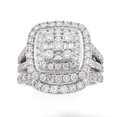 14K White Gold 1.98CT Natural Dimaond Round/Baguette Big Square Women Ring Wedding Band - Elite Jewelers - Rings
