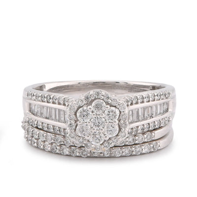14K White Gold 1CT Natural Diamond Flower Cluster Centre Halo Baguette Women Wedding Ring w/ Band - Elite Jewelers-Rings