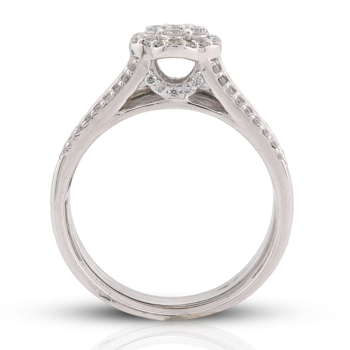 14K White Gold 1CT Natural Diamond Flower Cluster Centre Halo Baguette Women Wedding Ring w/ Band - Elite Jewelers-Rings
