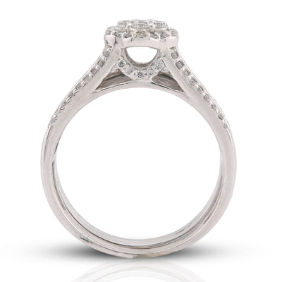 14K White Gold 1CT Natural Diamond Flower Cluster Centre Halo Baguette Women Wedding Ring w/ Band - Elite Jewelers-Rings