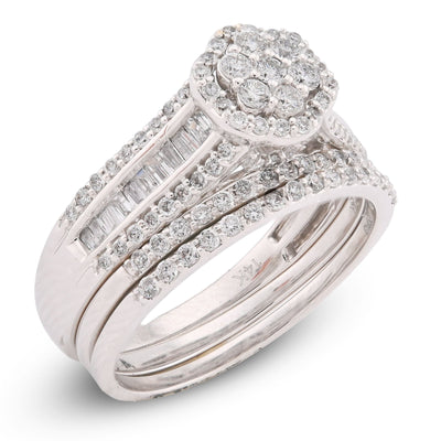 14K White Gold 1CT Natural Diamond Flower Cluster Centre Halo Baguette Women Wedding Ring w/ Band - Elite Jewelers-Rings