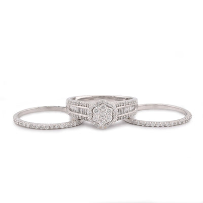 14K White Gold 1CT Natural Diamond Flower Cluster Centre Halo Baguette Women Wedding Ring w/ Band - Elite Jewelers-Rings