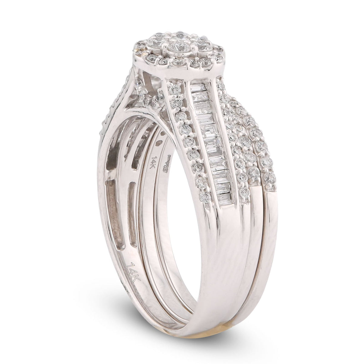 14K White Gold 1CT Natural Diamond Flower Cluster Centre Halo Baguette Women Wedding Ring w/ Band - Elite Jewelers-Rings