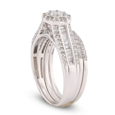 14K White Gold 1CT Natural Diamond Flower Cluster Centre Halo Baguette Women Wedding Ring w/ Band - Elite Jewelers-Rings