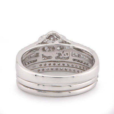 14K White Gold 1CT Natural Diamond Flower Cluster Centre Halo Baguette Women Wedding Ring w/ Band - Elite Jewelers-Rings