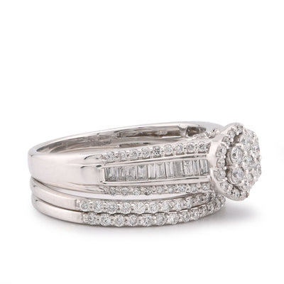 14K White Gold 1CT Natural Diamond Flower Cluster Centre Halo Baguette Women Wedding Ring w/ Band - Elite Jewelers-Rings