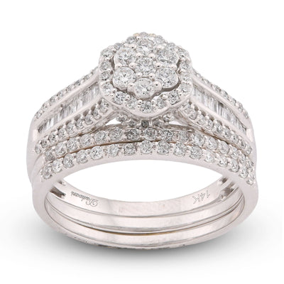 14K White Gold 1CT Natural Diamond Flower Cluster Centre Halo Baguette Women Wedding Ring w/ Band - Elite Jewelers-Rings