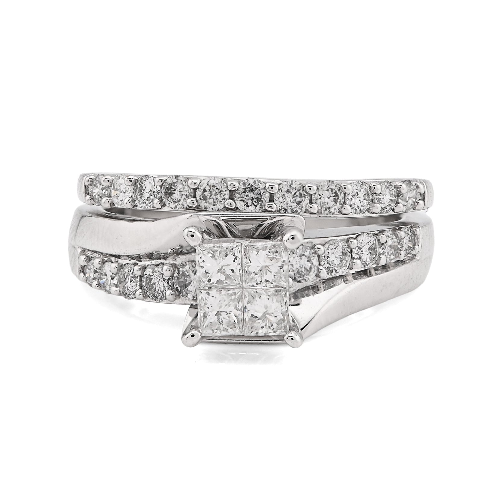 14K White Gold 1CT Natural Diamond Pricess Cut/Round Square Women Ring Wedding Band - Elite Jewelers - Rings