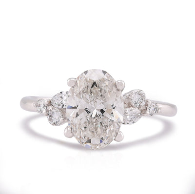 14K White Gold 2.25CT Oval Solitaire Centre Marquise/Round Side Lab Diamond Women Ring - Elite Jewelers-Rings
