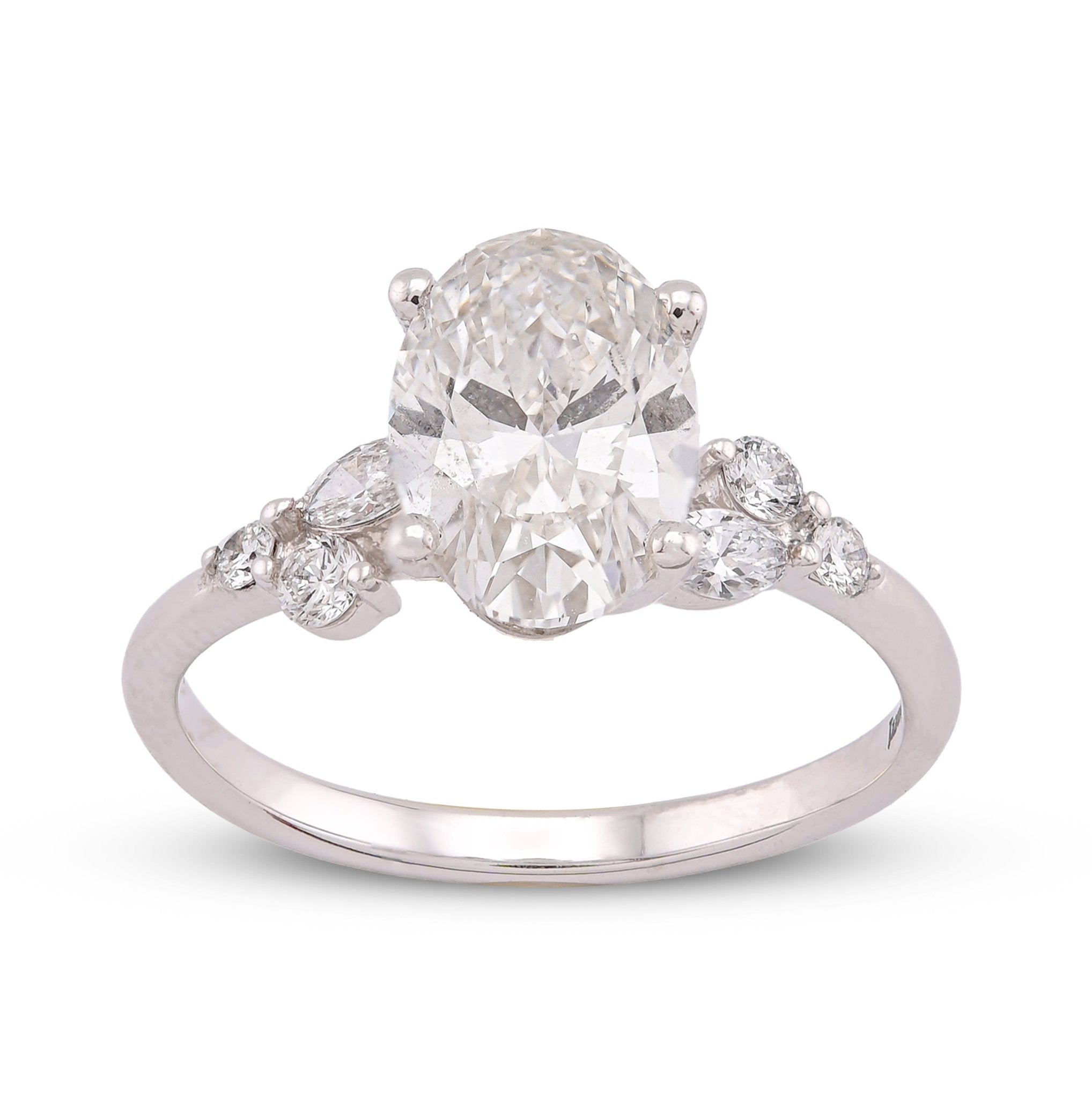 14K White Gold 2.25CT Oval Solitaire Centre Marquise/Round Side Lab Diamond Women Ring - Elite Jewelers-Rings