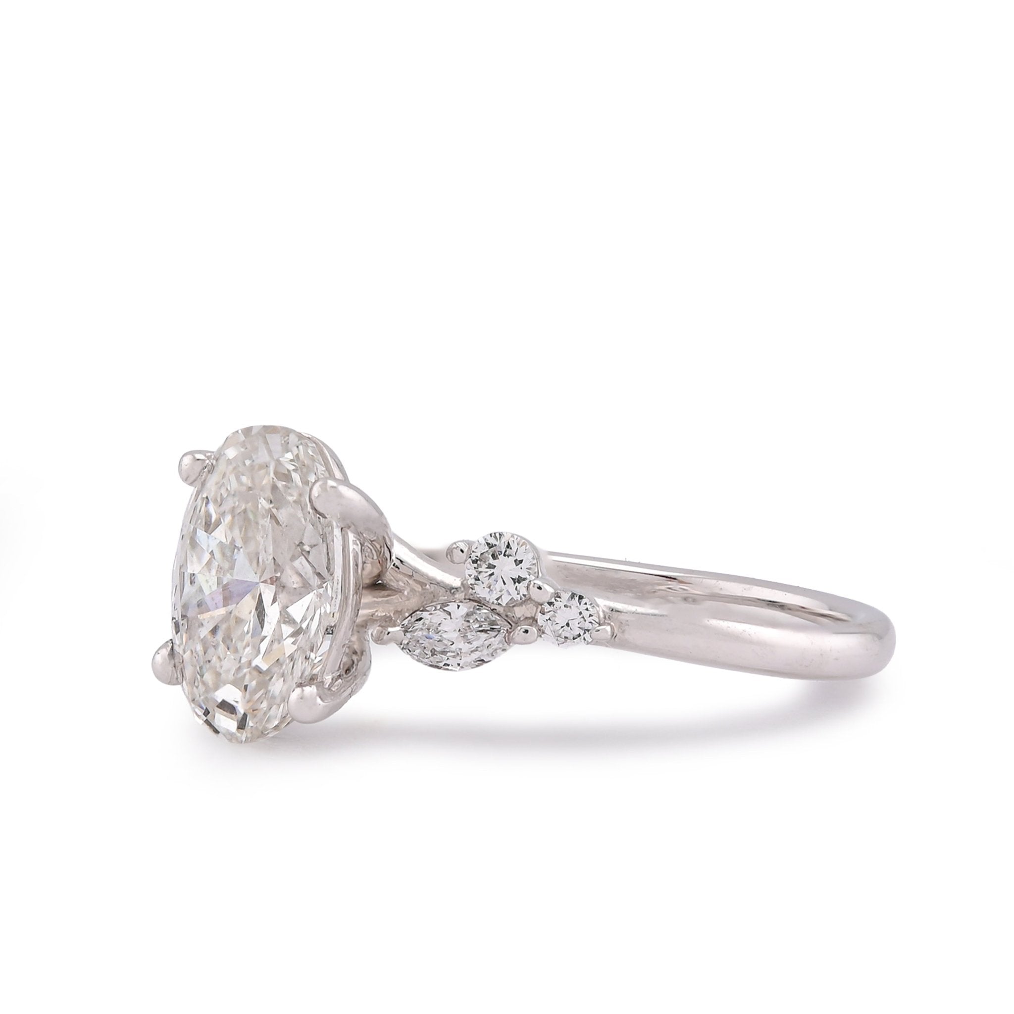 14K White Gold 2.25CT Oval Solitaire Centre Marquise/Round Side Lab Diamond Women Ring - Elite Jewelers-Rings