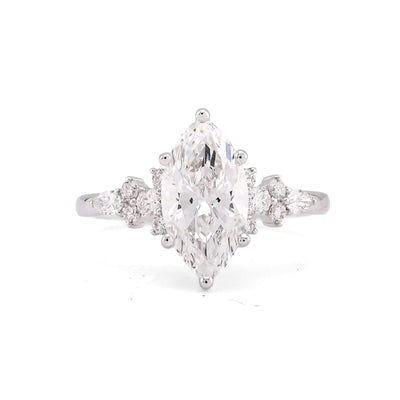 14K White Gold 2.39CT Marquise Centre Solitaire Pear/Round Lab Diamond Flower Side Women Ring - Elite Jewelers-Rings