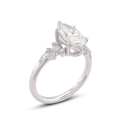 14K White Gold 2.39CT Marquise Centre Solitaire Pear/Round Lab Diamond Flower Side Women Ring - Elite Jewelers-Rings