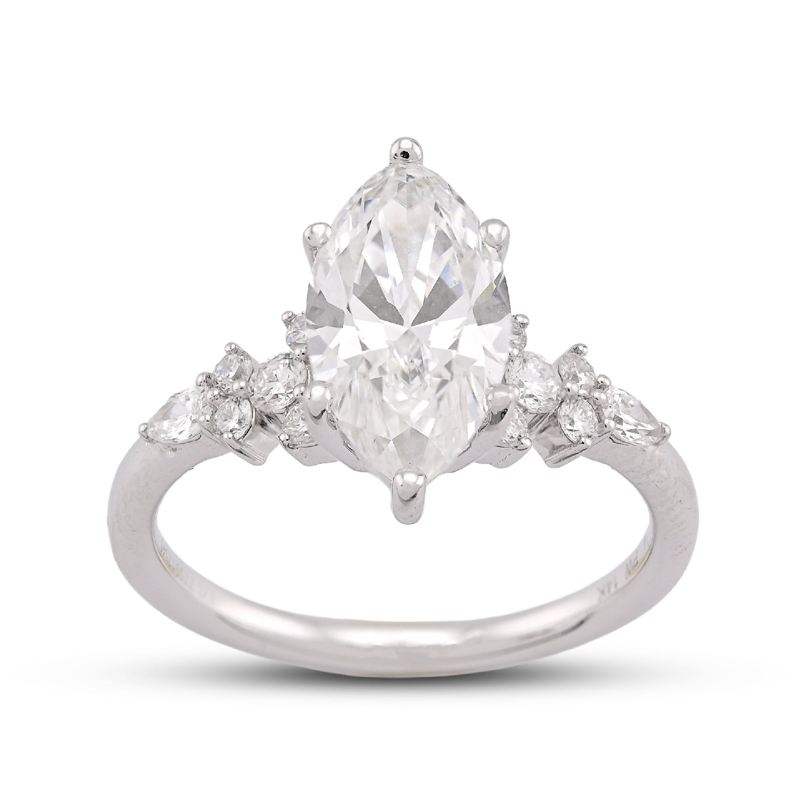 14K White Gold 2.39CT Marquise Centre Solitaire Pear/Round Lab Diamond Flower Side Women Ring - Elite Jewelers-Rings