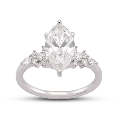 14K White Gold 2.39CT Marquise Centre Solitaire Pear/Round Lab Diamond Flower Side Women Ring - Elite Jewelers-Rings