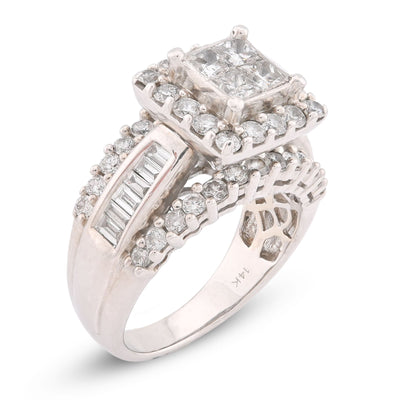 14K White Gold 2.56CT Natural Diamond Princess Centre Square Halo Three Row Women Ring - Elite Jewelers-Rings