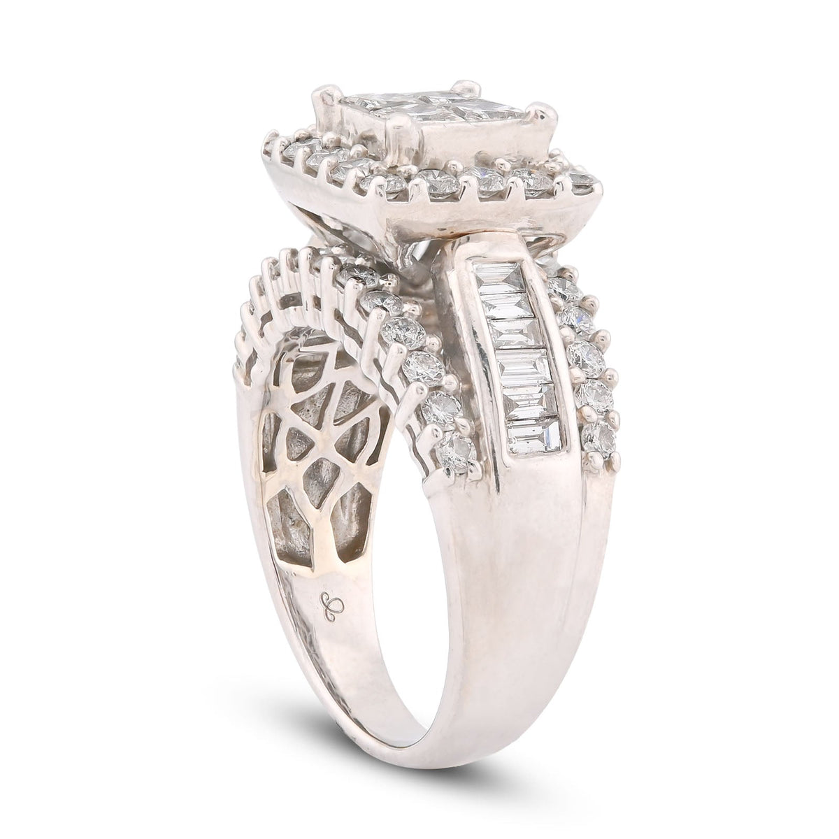 14K White Gold 2.56CT Natural Diamond Princess Centre Square Halo Three Row Women Ring - Elite Jewelers-Rings