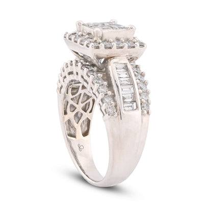 14K White Gold 2.56CT Natural Diamond Princess Centre Square Halo Three Row Women Ring - Elite Jewelers-Rings