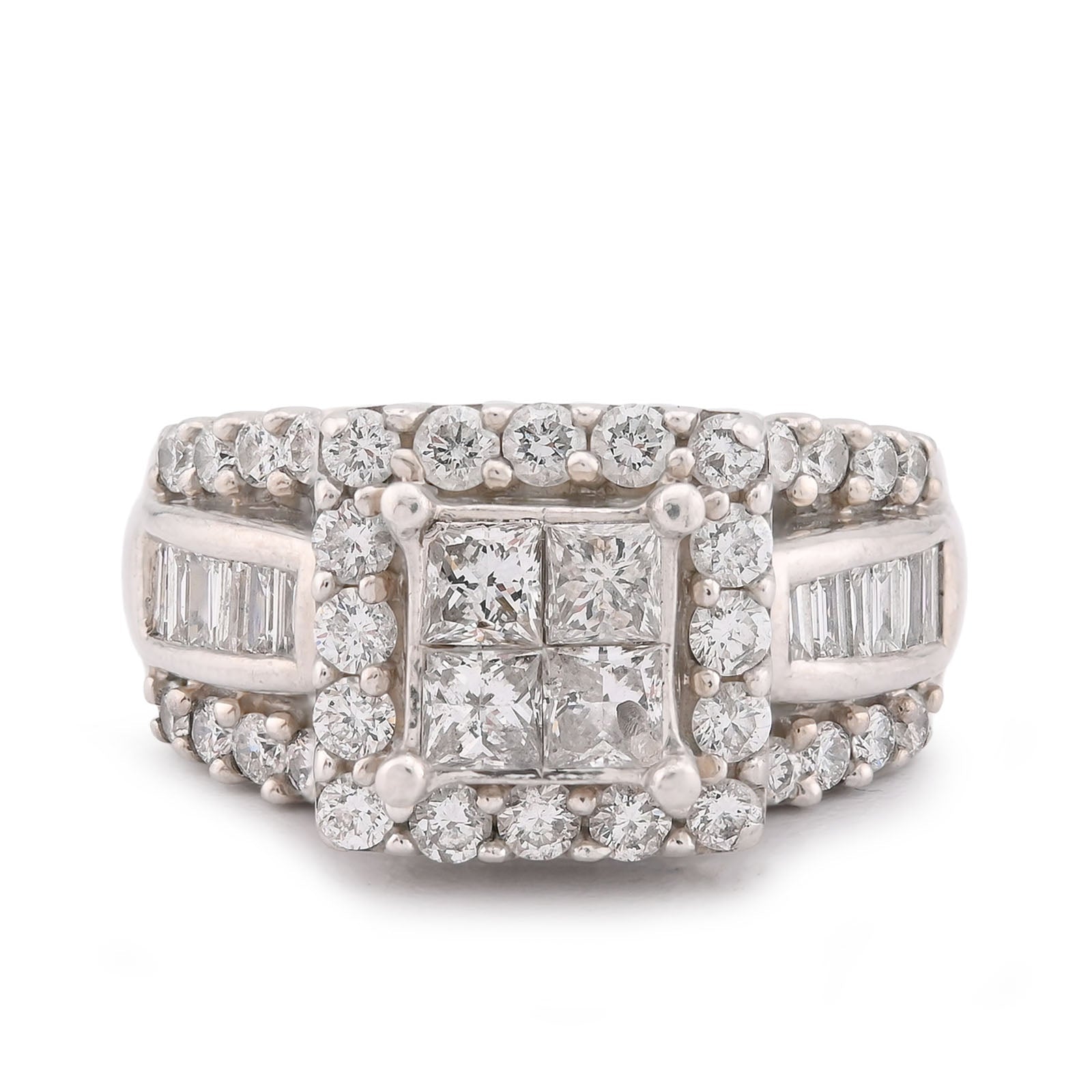 14K White Gold 2.56CT Natural Diamond Princess Centre Square Halo Three Row Women Ring - Elite Jewelers-Rings