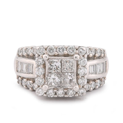 14K White Gold 2.56CT Natural Diamond Princess Centre Square Halo Three Row Women Ring - Elite Jewelers-Rings