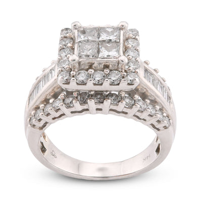 14K White Gold 2.56CT Natural Diamond Princess Centre Square Halo Three Row Women Ring - Elite Jewelers-Rings