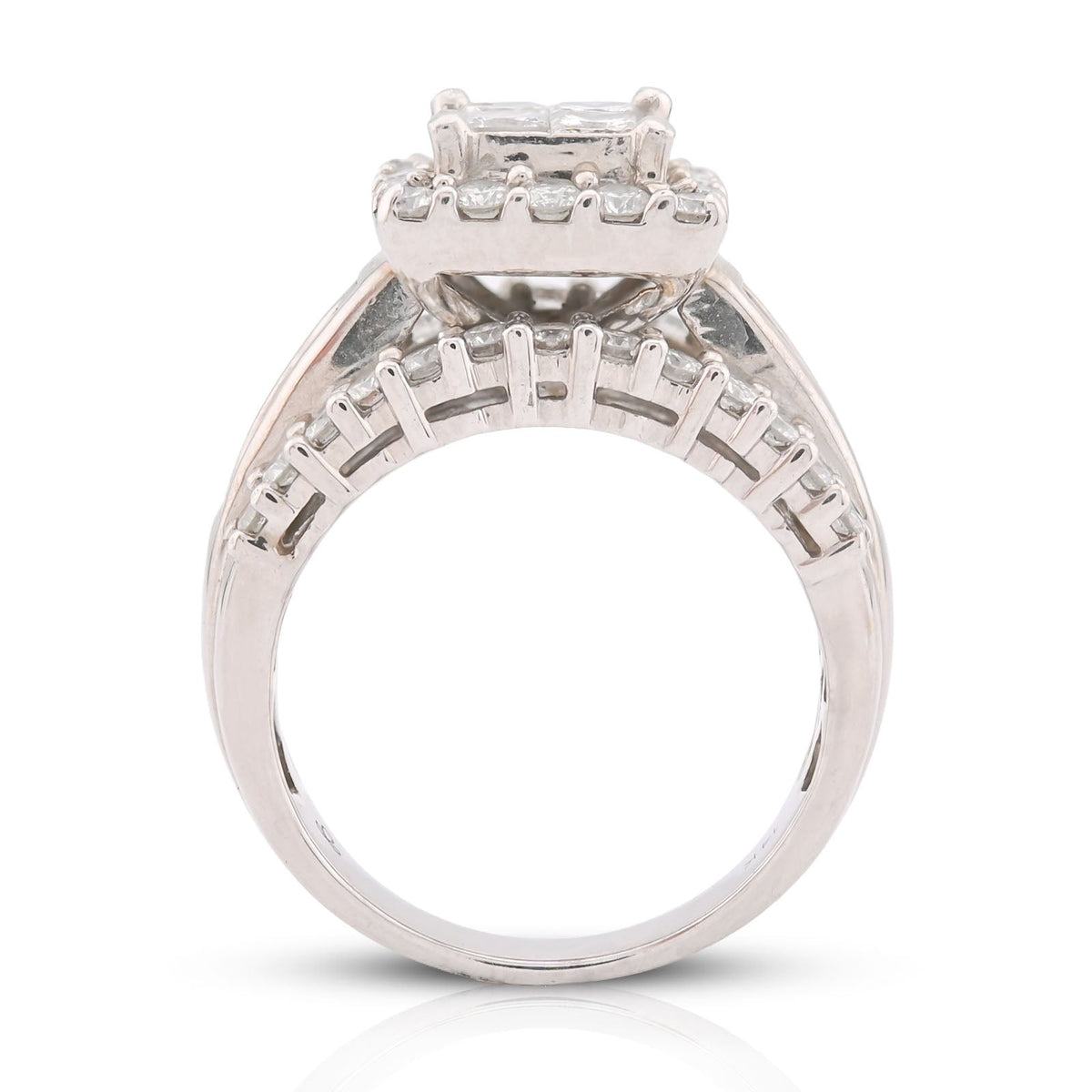 14K White Gold 2.56CT Natural Diamond Princess Centre Square Halo Three Row Women Ring - Elite Jewelers-Rings