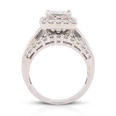 14K White Gold 2.56CT Natural Diamond Princess Centre Square Halo Three Row Women Ring - Elite Jewelers-Rings