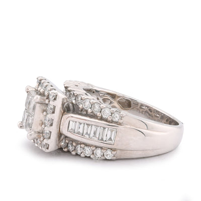 14K White Gold 2.56CT Natural Diamond Princess Centre Square Halo Three Row Women Ring - Elite Jewelers-Rings