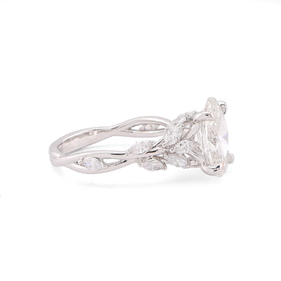 14K White Gold 2.58CT Oval Centre Solitaire Leaf Designed Marquise Lab Diamond Women Ring - Elite Jewelers-Rings