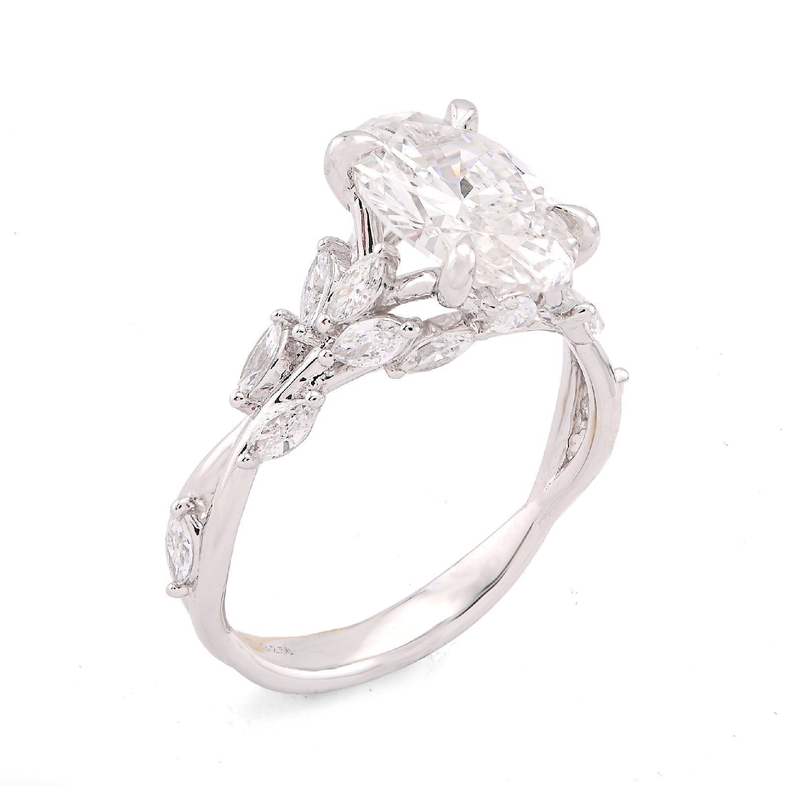 14K White Gold 2.58CT Oval Centre Solitaire Leaf Designed Marquise Lab Diamond Women Ring - Elite Jewelers-Rings