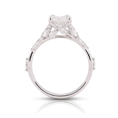 14K White Gold 2.58CT Oval Centre Solitaire Leaf Designed Marquise Lab Diamond Women Ring - Elite Jewelers-Rings