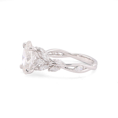 14K White Gold 2.58CT Oval Centre Solitaire Leaf Designed Marquise Lab Diamond Women Ring - Elite Jewelers-Rings