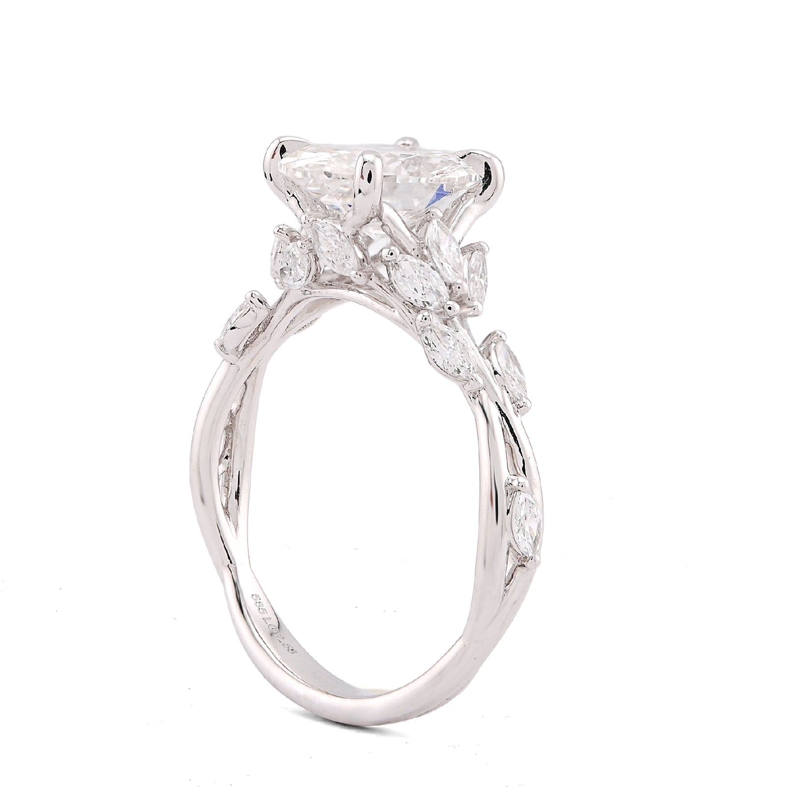 14K White Gold 2.58CT Oval Centre Solitaire Leaf Designed Marquise Lab Diamond Women Ring - Elite Jewelers-Rings