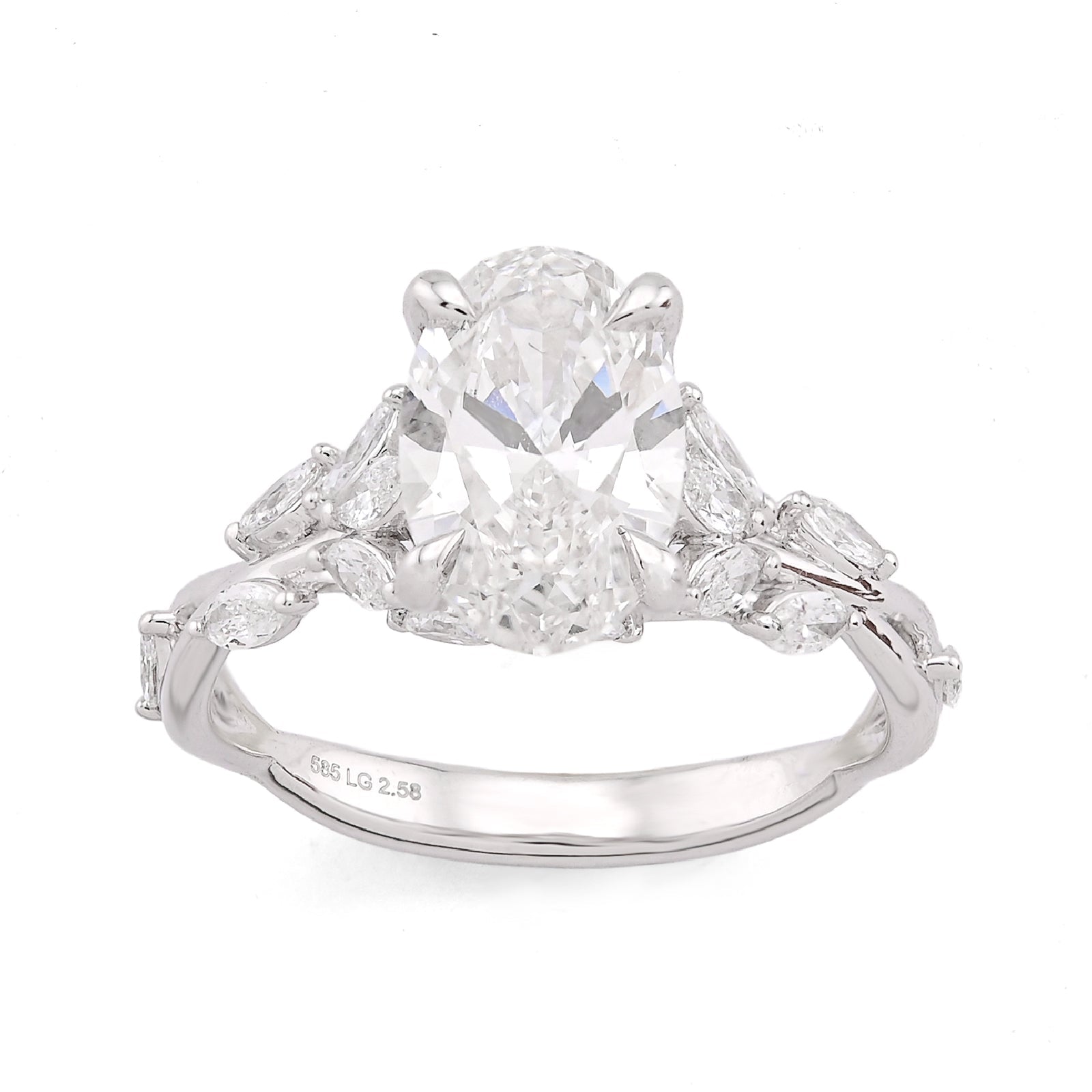 14K White Gold 2.58CT Oval Centre Solitaire Leaf Designed Marquise Lab Diamond Women Ring - Elite Jewelers-Rings