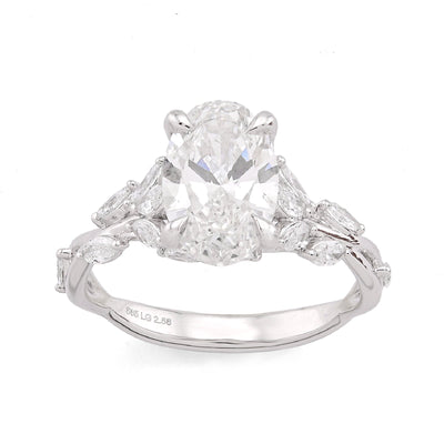 14K White Gold 2.58CT Oval Centre Solitaire Leaf Designed Marquise Lab Diamond Women Ring - Elite Jewelers-Rings