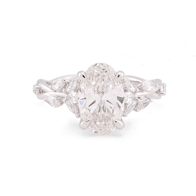 14K White Gold 2.58CT Oval Centre Solitaire Leaf Designed Marquise Lab Diamond Women Ring - Elite Jewelers-Rings