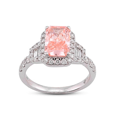 14K White Gold 2.75CT Pink Radiant Lab Diamond Side Baguette/Round Iced Women Ring - Elite Jewelers - Rings
