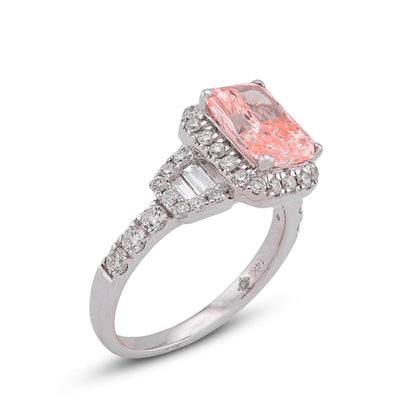14K White Gold 2.75CT Pink Radiant Lab Diamond Side Baguette/Round Iced Women Ring - Elite Jewelers - Rings